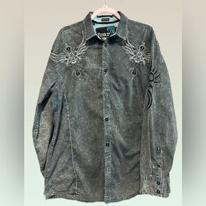 Roar Charcoal Embroidered Denim Men’s Button Up Shirt, Long sleeve Dress Shirt